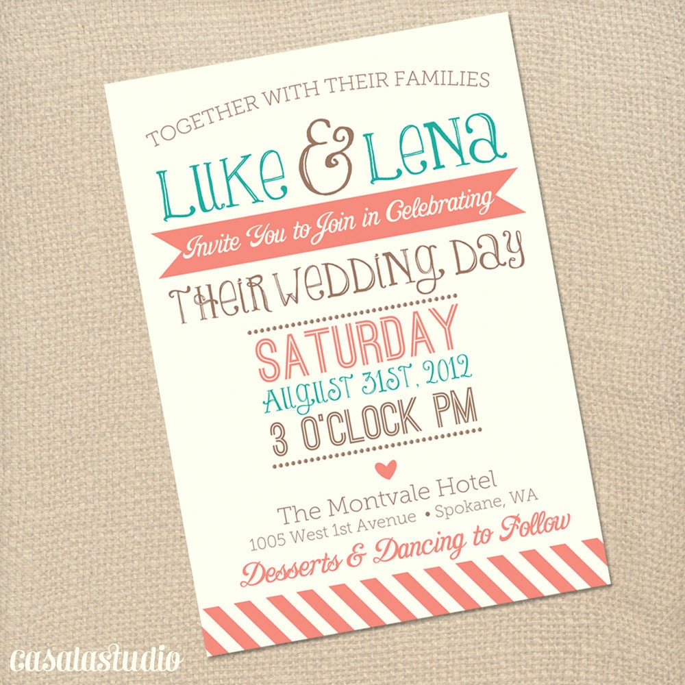 Rustic Vintage Turquoise & Coral Wedding Invite Printable Invitation OR Printed Card