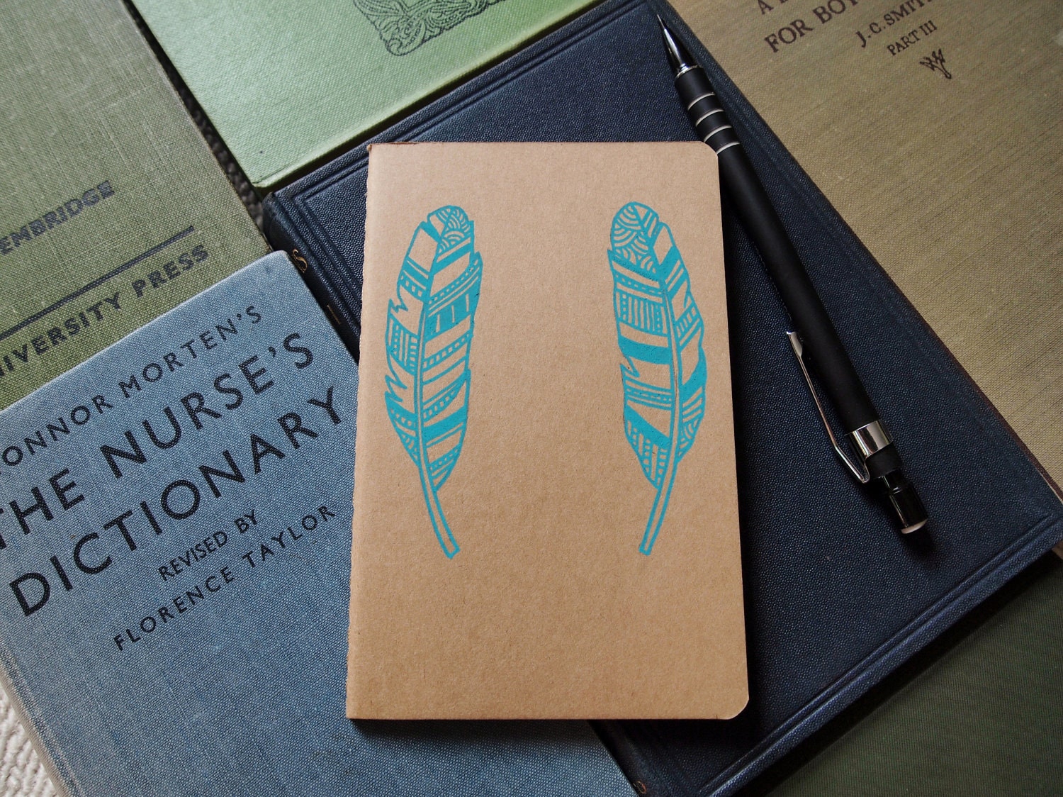 Hand Drawn Moleskine, turquoise feather