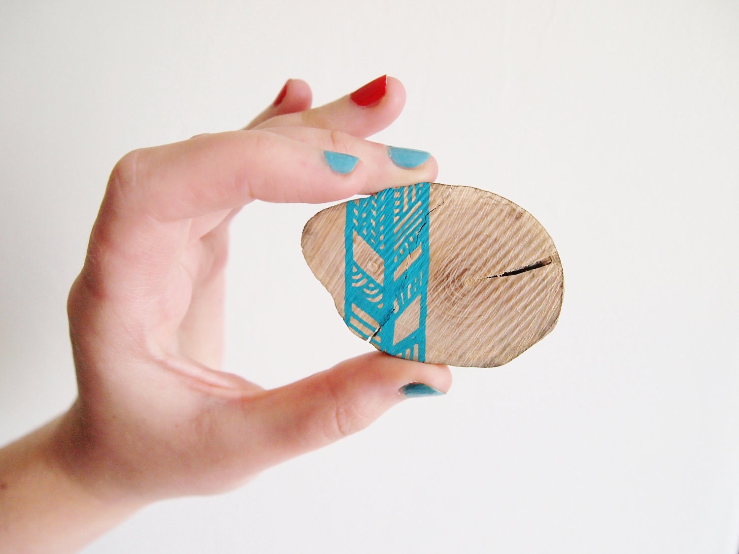 Chevron Wooden Brooch, Turquoise Patterns