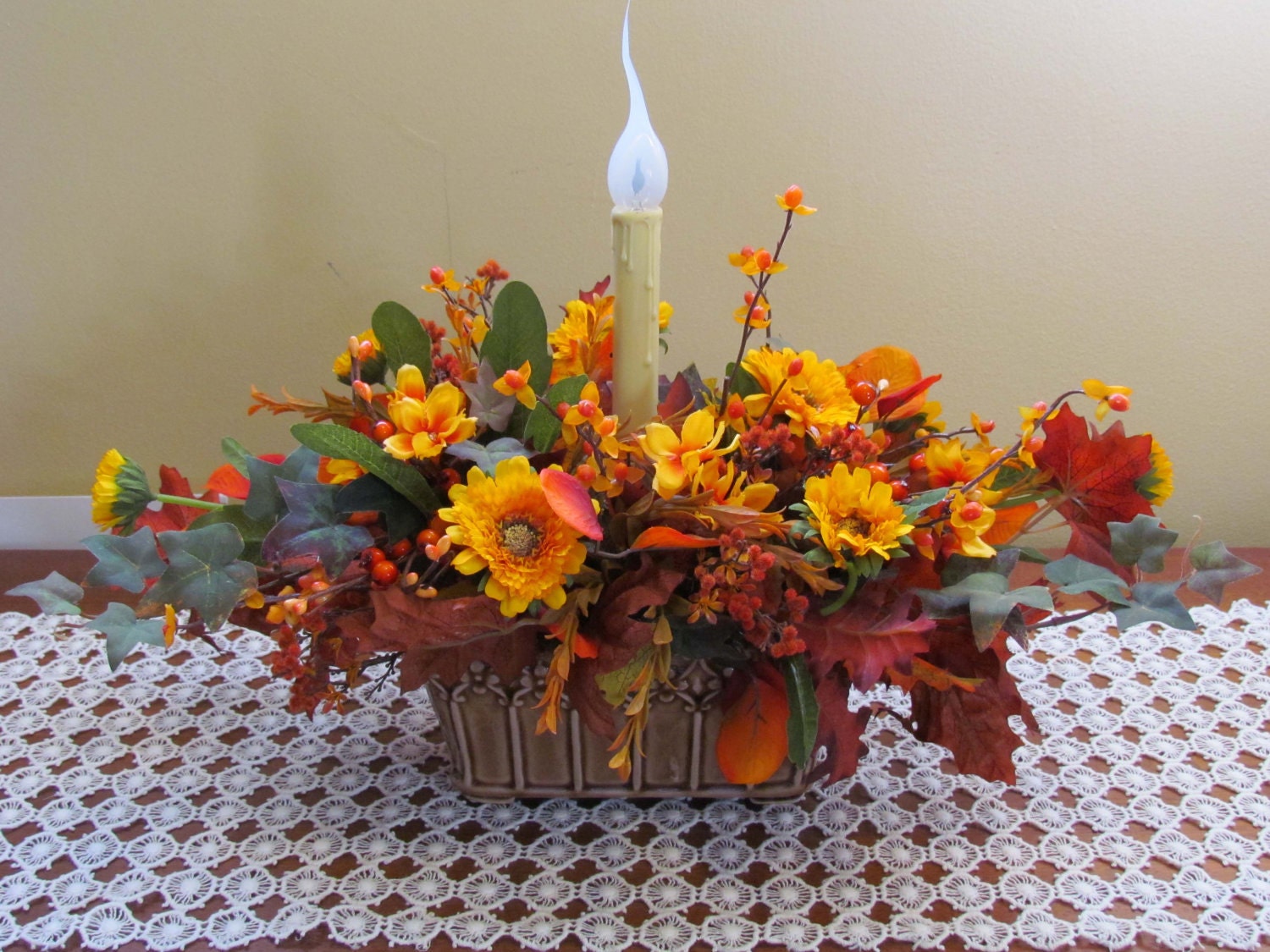 Fall Floral Arrangement with Candle Light by allthingselse on Etsy