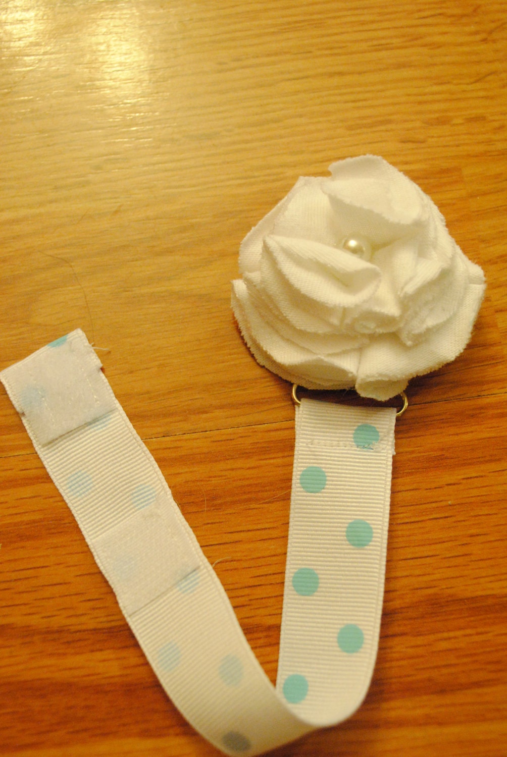 Blue and White Polka Dot Flower Pacifier Clip