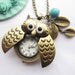 pocket watch--antique bronze owl pocket watch and leaves with blue turquoise,alloy chain necklace