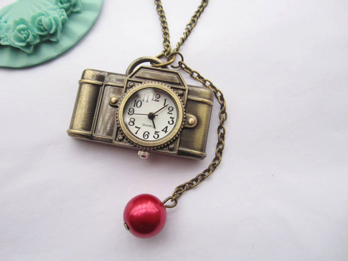 pocket watch--antique bronze camera pocket watch and red bead,alloy chain necklace