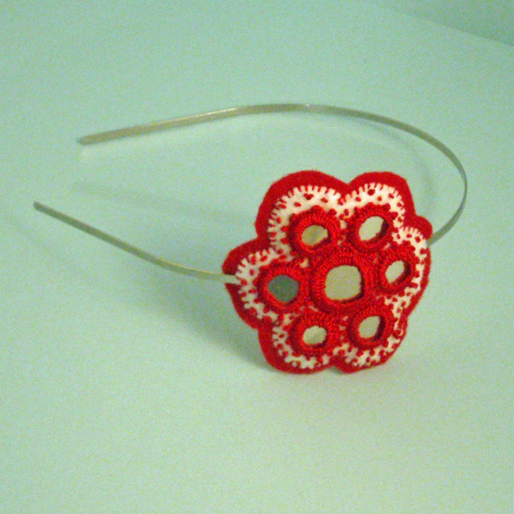 CLEARANCE Embroidered Felt Headband--Red Splatter Flower