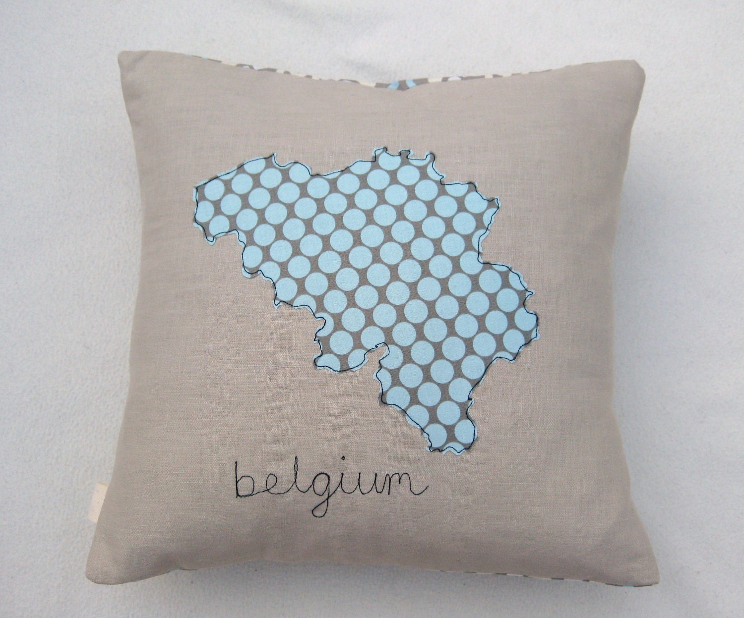 Map of Belgium cushion cover, free motion applique, Amy Butler cotton and linen. 40cm / 16"