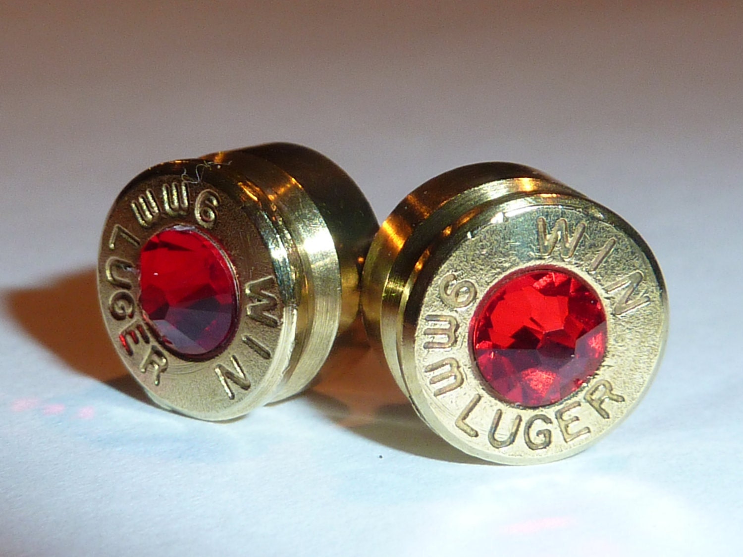 Bullet Earrings. July Birthstone. Ruby . 9mm Luger.