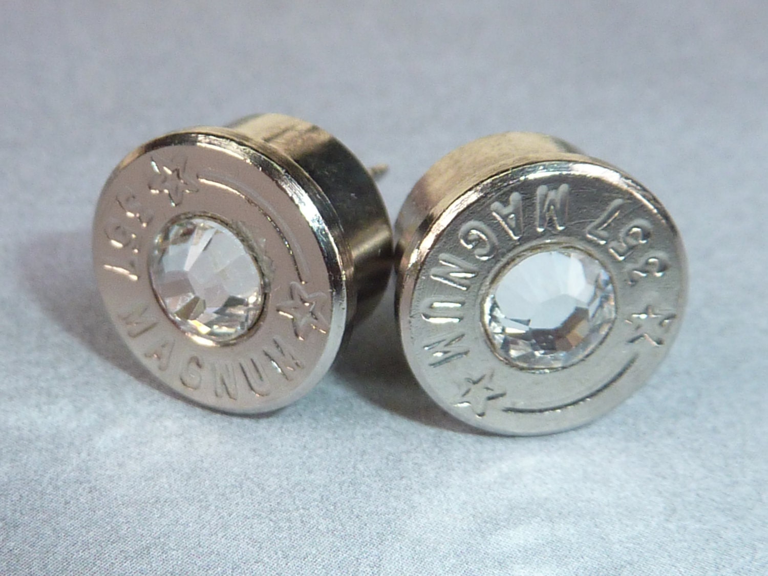 Bullet Earrings . 357 Magnum Nickel Plated Brass . April Diamond .