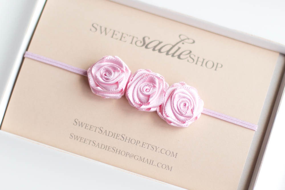 Light Pink Satin Petite Rosette Rose Trio Thin Elastic Headband - SweetSadieShop