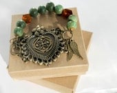 Heart Bracelet, One of a Kind Brass Heart with Green Ceramic Beads, Beaded Bracelet, Goth Bracelet
