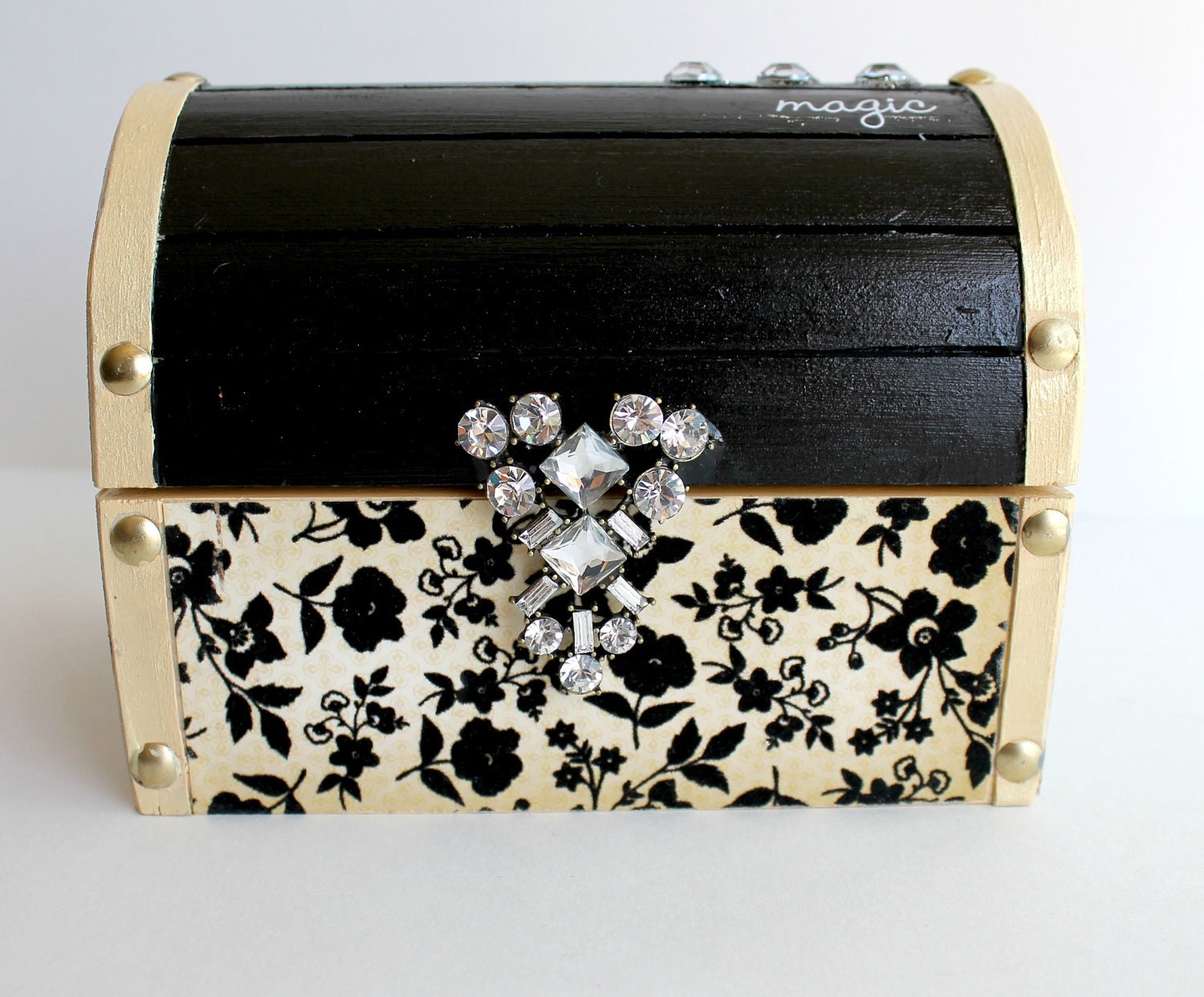 One of a Kind Black and Cream Treasure Chest Jewelry Box, Stash Box, Trinket Box, Elegant Box