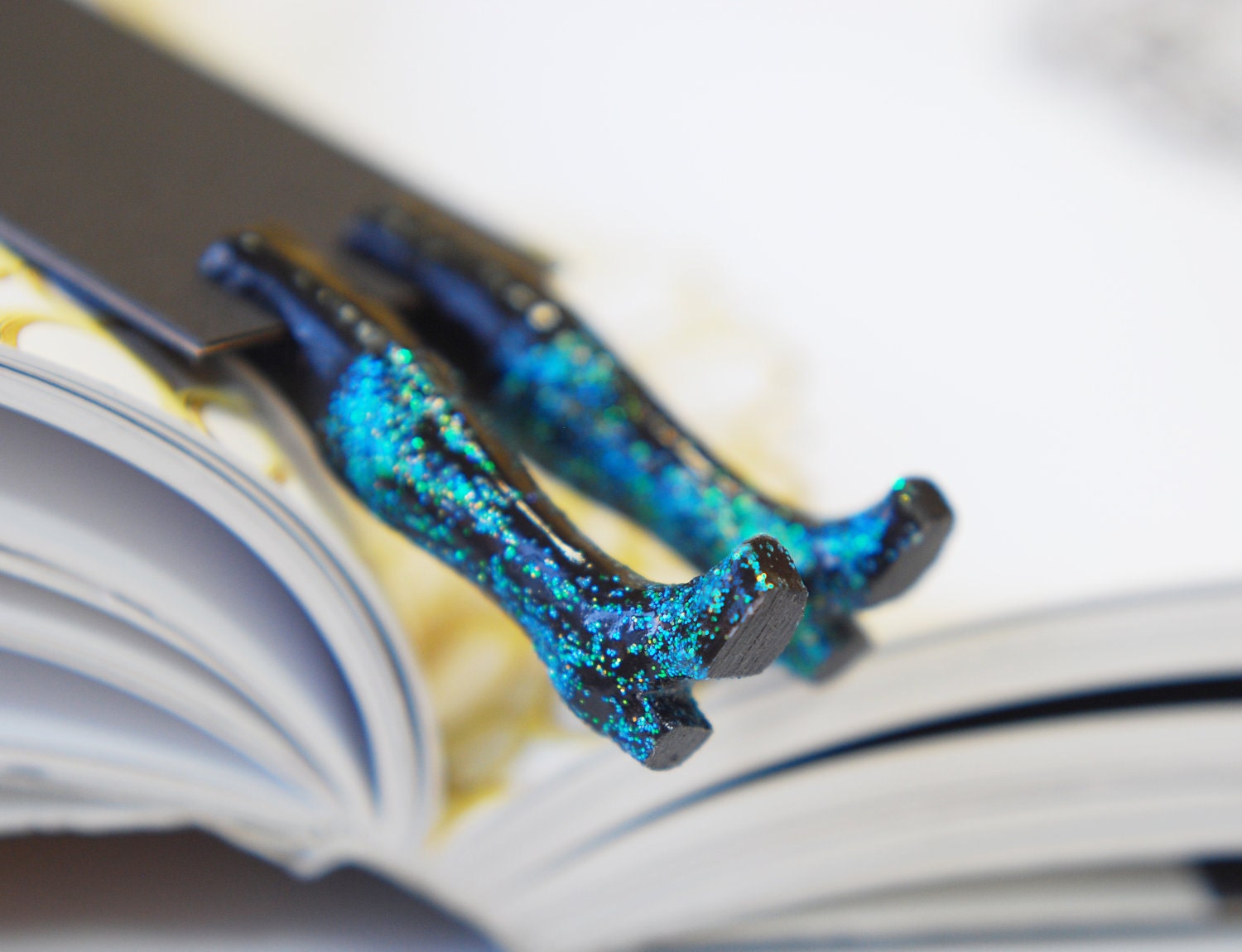 Bright minty blue bookmark . Shining glam. Boots in the book.  Bright for her, all, teacher