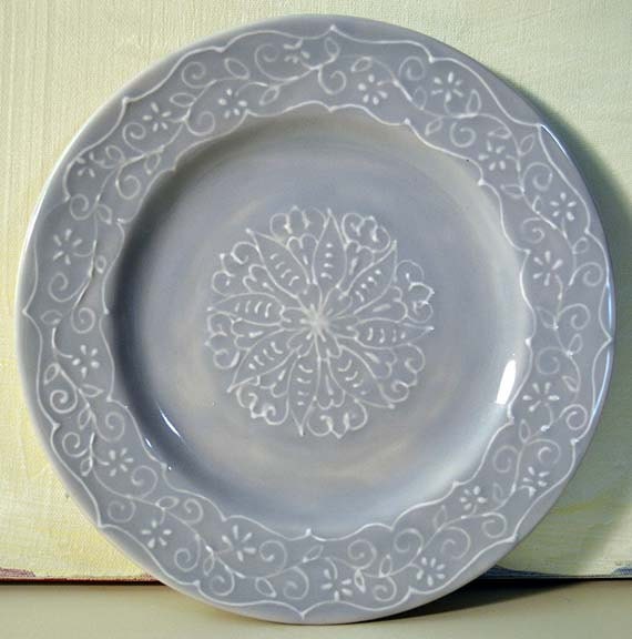 Gray Ceramic Plate with Delicate White Lace Embossed Original Hand Painted Design, Decorative and Functional