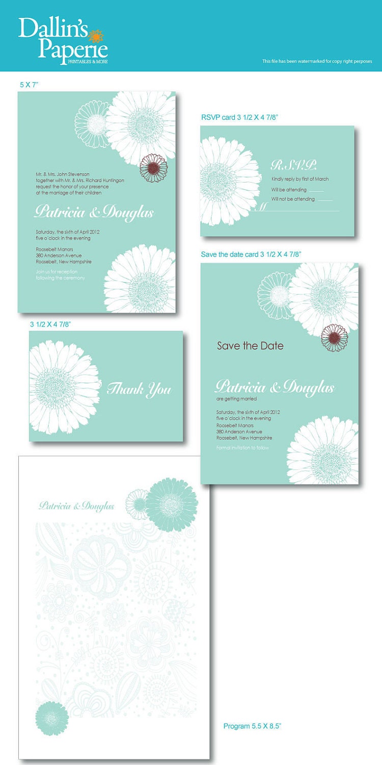 Tiffany blue Daisy flower Wedding Invitation -RSVP -Thank your card -Save the date - program - DIY Printable - Customized