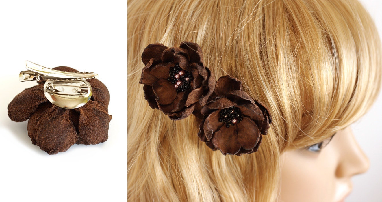 Leather flower, hair accessories, flower hair accessories, gift for her, Brown brooch, leather flower hair clip, brooch.