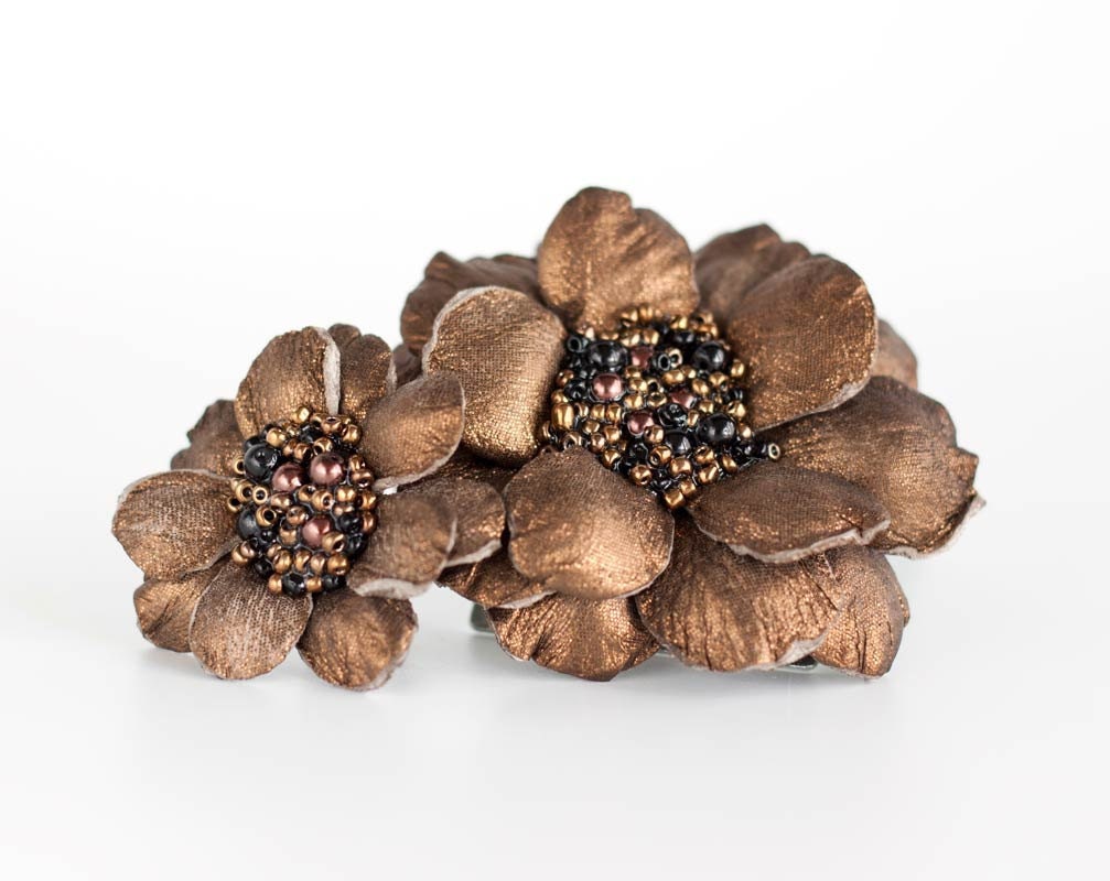 Gold hair clip, Leather flower, Hair accessories. Flower hair clip, Flower brooch, Gold brooch, gift for her