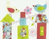 Nursery Art Print Birds and birdhouses Hello down there- birds and bird houses 8x10 nursery print