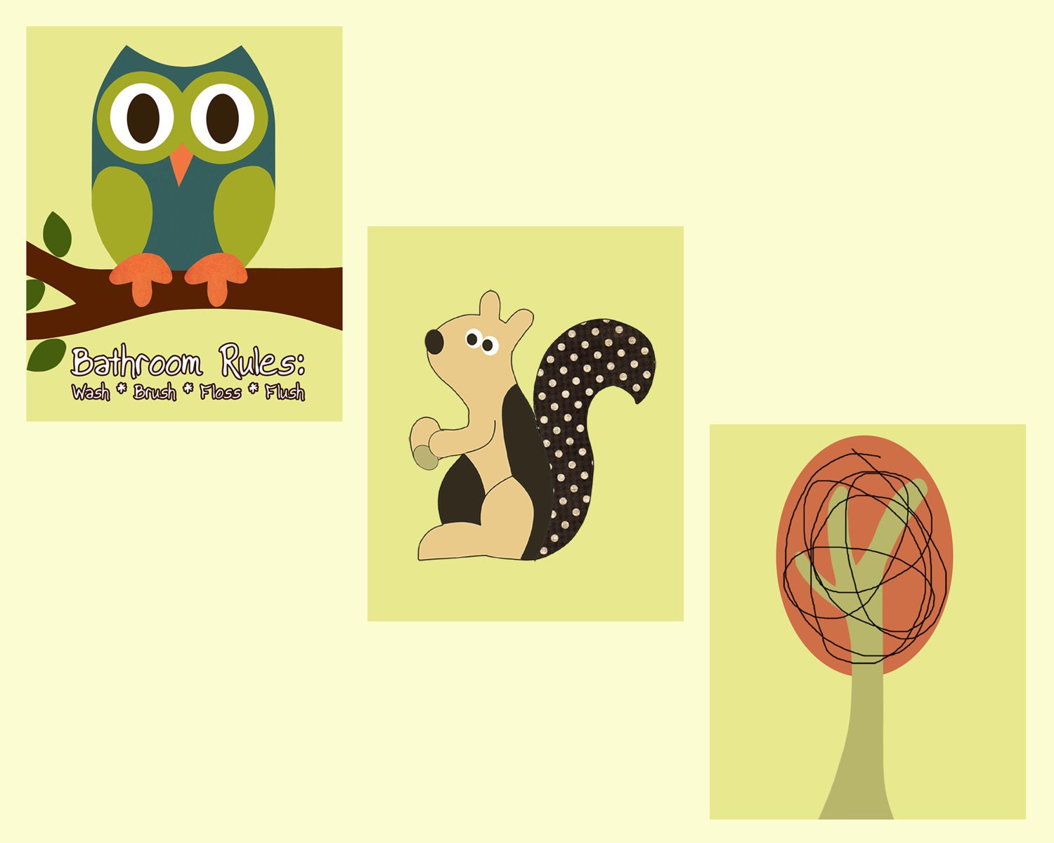 Set of 3 8x10 Woodland Owl Squirrel and Tree Prints Matches Target Home Vista Tree House Shower Curtain
