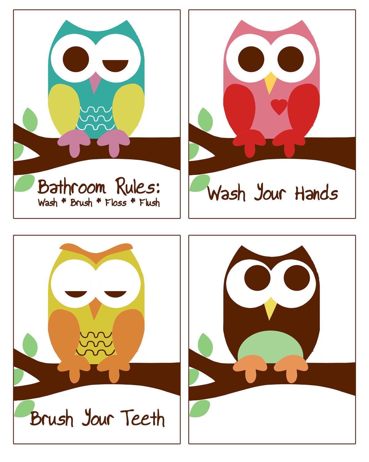 Set of 4 8x10 prints Bathroom Rules Owl Prints by ThePrintedOwl