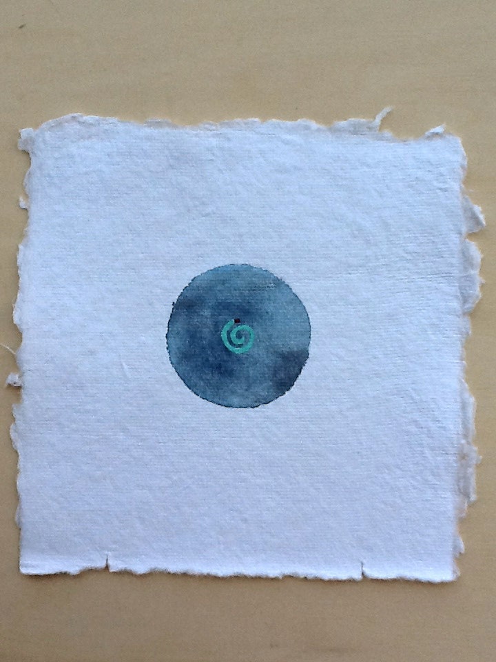 SALE Minimal Geometric Watercolor and Gouache Painting on Handmade Paper--Indigo with Turquoise Spiral