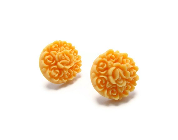 Beautiful Orange resin Floral Stud Earrings -Flower Earring Post- -