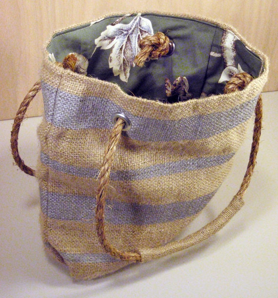 Metallic Silver Striped Burlap Tote Bag with Green Chinoiserie Style Liner