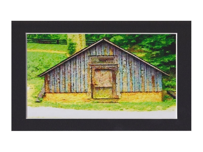 Primitive Barn, Ready to Frame, 4x6 art print  in 5x7 black acid free mat - twistedpixelstudio