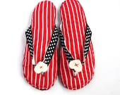 Fabric Flip Flop Sandals, Home Slippers Red & White Stripe with Polka Dot Straps