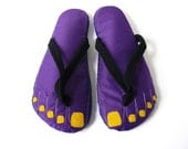 Barefoot, Feet Fabric Flip Flop Sandals, Home Slippers Purple Cotton with Navy Straps and Yellow Toe Nails