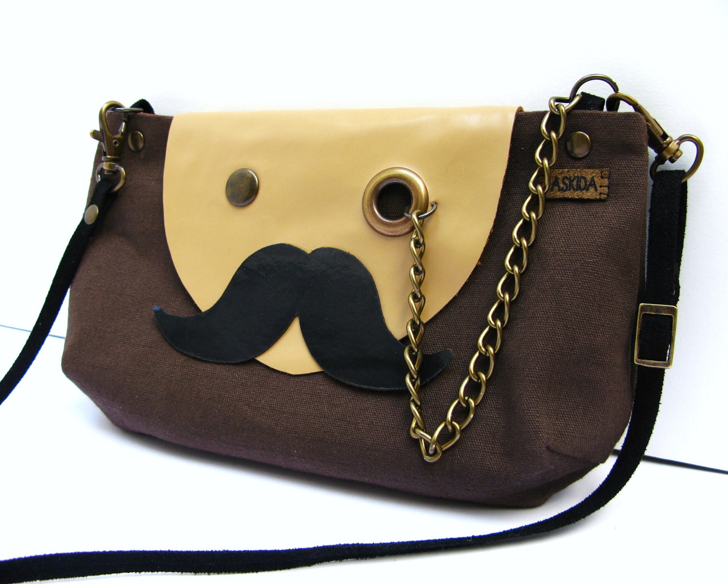 VEGAN Mr. Mustache with Monocle Brown Cotton Cross Body