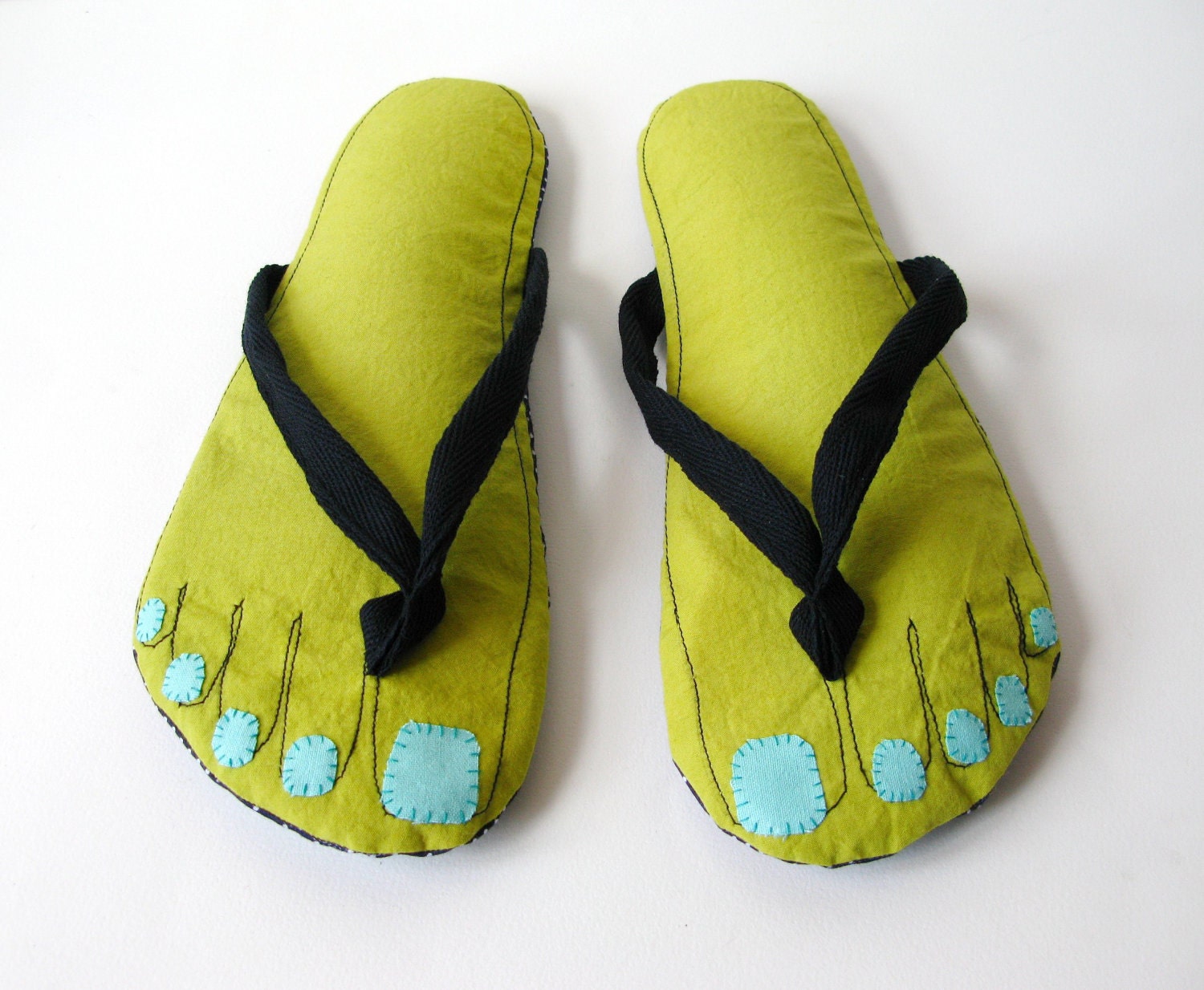 Barefoot, Feet Cotton Flip Flop Sandals, Home Slippers Olive Green Cotton with Navy Straps and Aqua Toe Nails