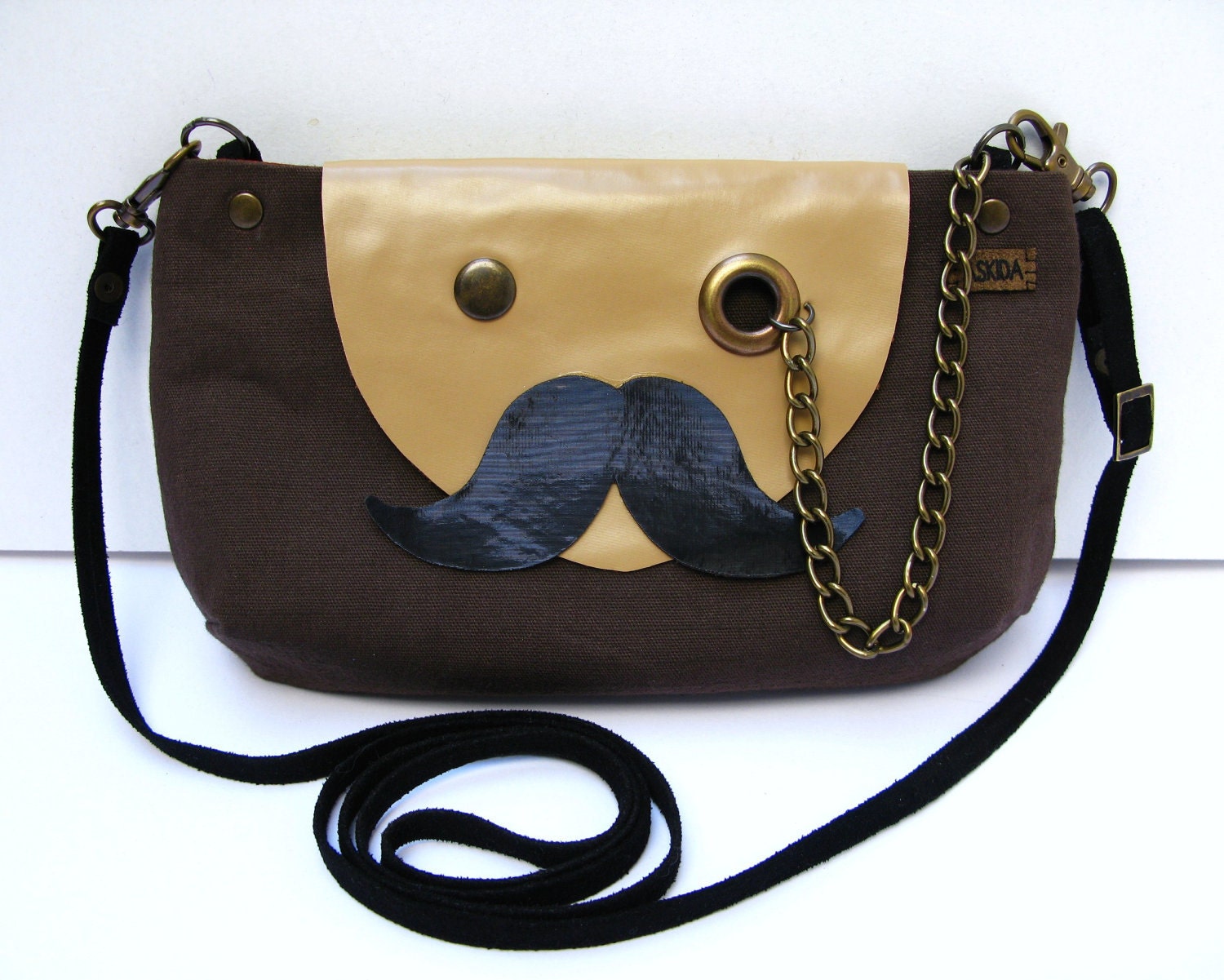 VEGAN Mr. Mustache with Monocle Brown Cotton Cross Body
