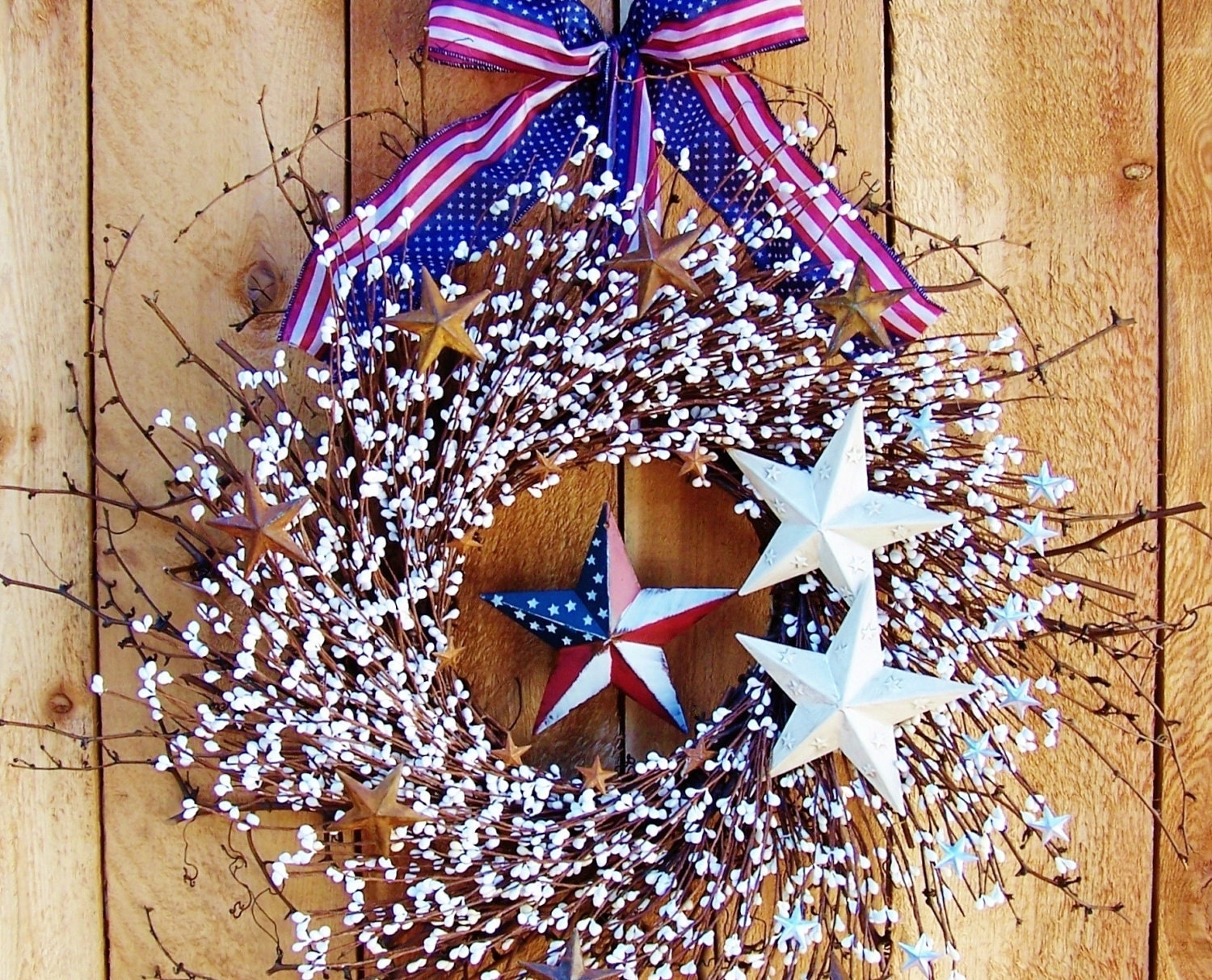 Spring/Summer Wreath-Front Door Wreath-AMERICANA STAR Patriotic Door Twig Wreath-Holiday Wreath-White Berry Military Wreath-Americana Decor