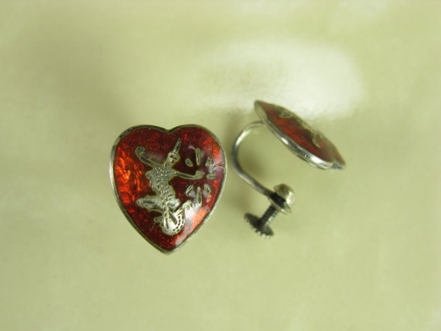 Vintage Sterling Silver Siam Dancer Red Enamel Heart Earrings