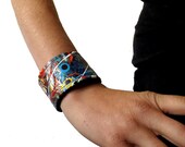 Colorful Abstract Painted Cuff - Mostly Red & Blue - Unisex Jewelry for Men, Women, Teens, Kids - Medium Sized Cuff Bracelet Free Shipping