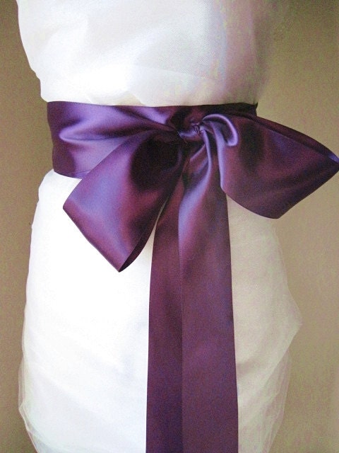 Bridal Sash Plum Sash - 9 Foot Posh Plum Purple Sash 3 inch Double-Sided Satin Sash - also in Silver, Black, Navy, White, Ivory