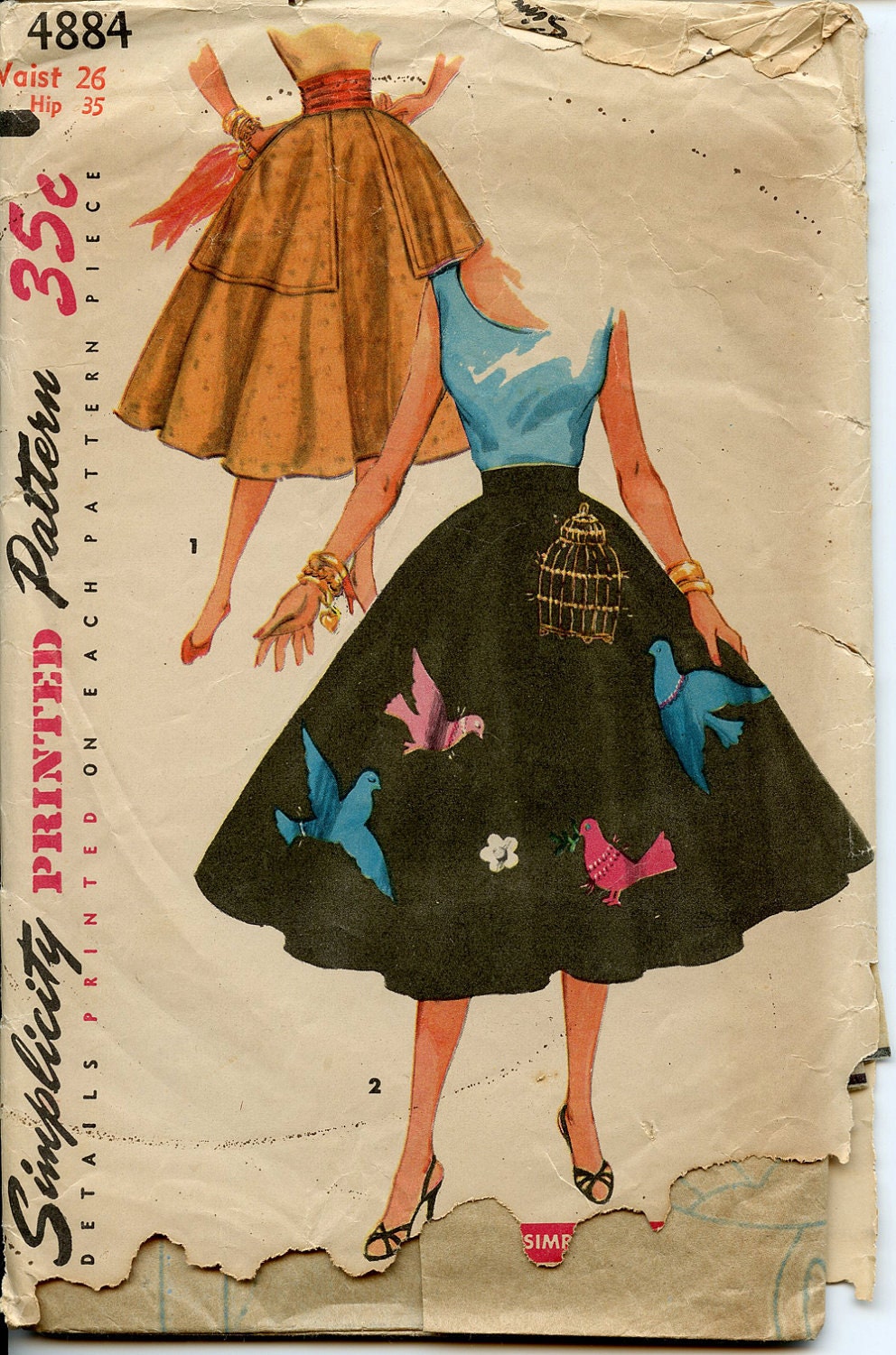 Vintage Simplicity Sewing Pattern 4884 Full Circle Skirt 1950s Complete With Transfers