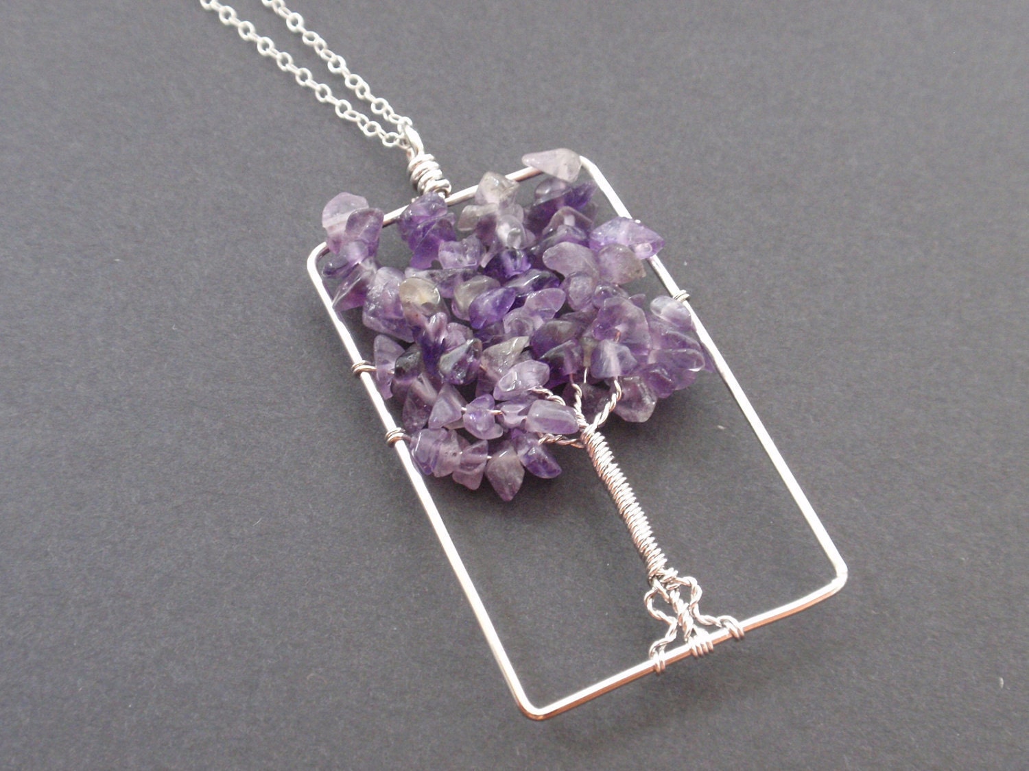 White gold frame Amethyst Faceted Tree Pendant sterling silver Necklace