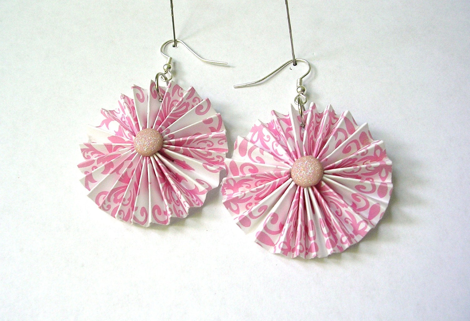 Paper Earrings - Pink and White Origami Pleated Paper Earrings