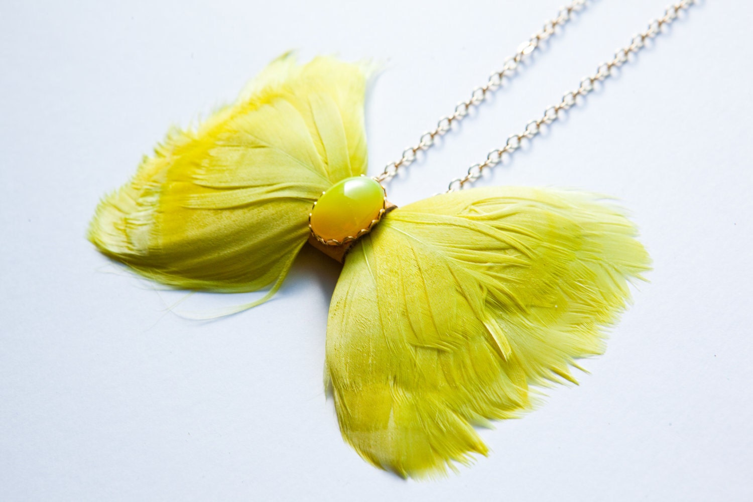 Pea Green Feather Bow Tie Necklace w/ Upcycled Leather Center and Vintage Glass Cabochon