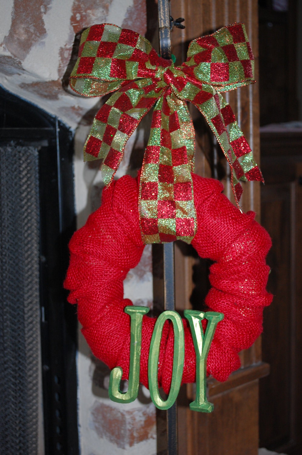 Red Burlap Wreath with Metallic Green JOY