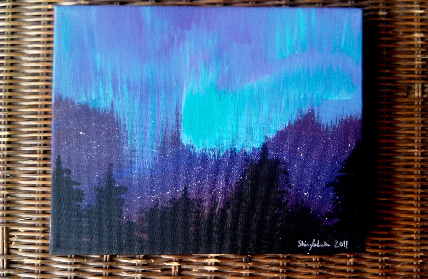 Painting ORIGINAL Acrylic, Northern Lights, 8x10 Canvas, Aurora Borealis Silhouette Camp Autumn Fall Nature Park Wholesome Renegade
