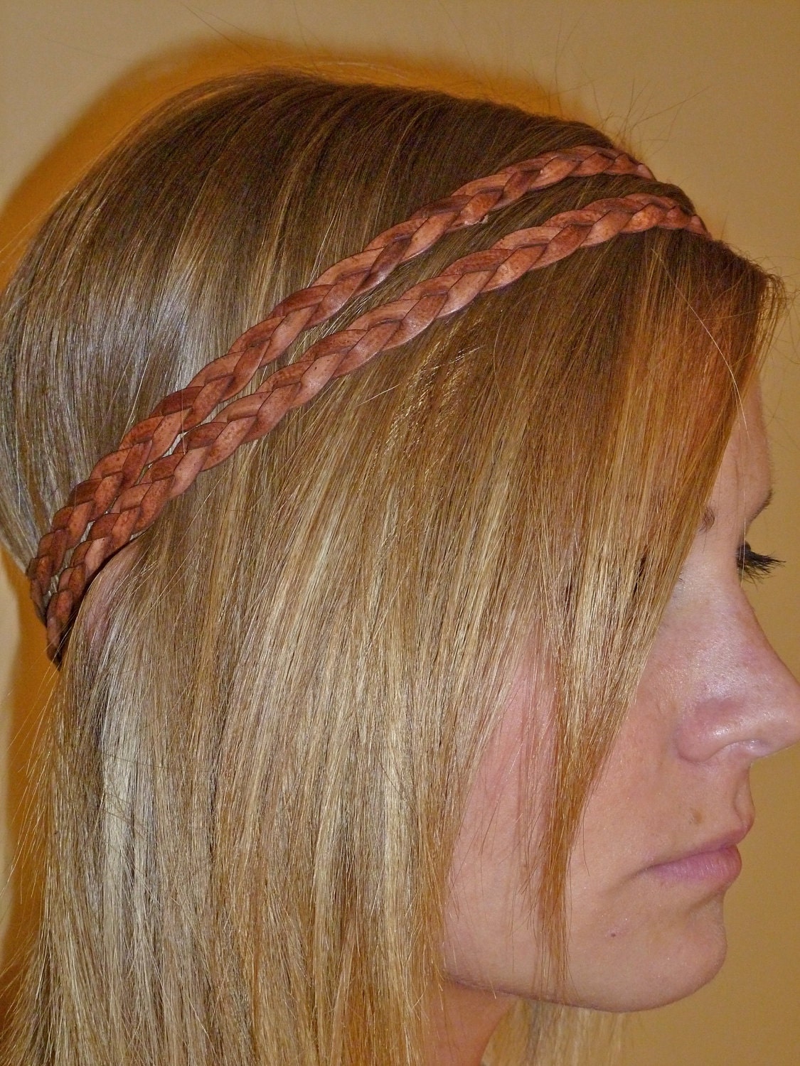 Leather Braid Headband Double Strand - 1/3" wide flat braided leather