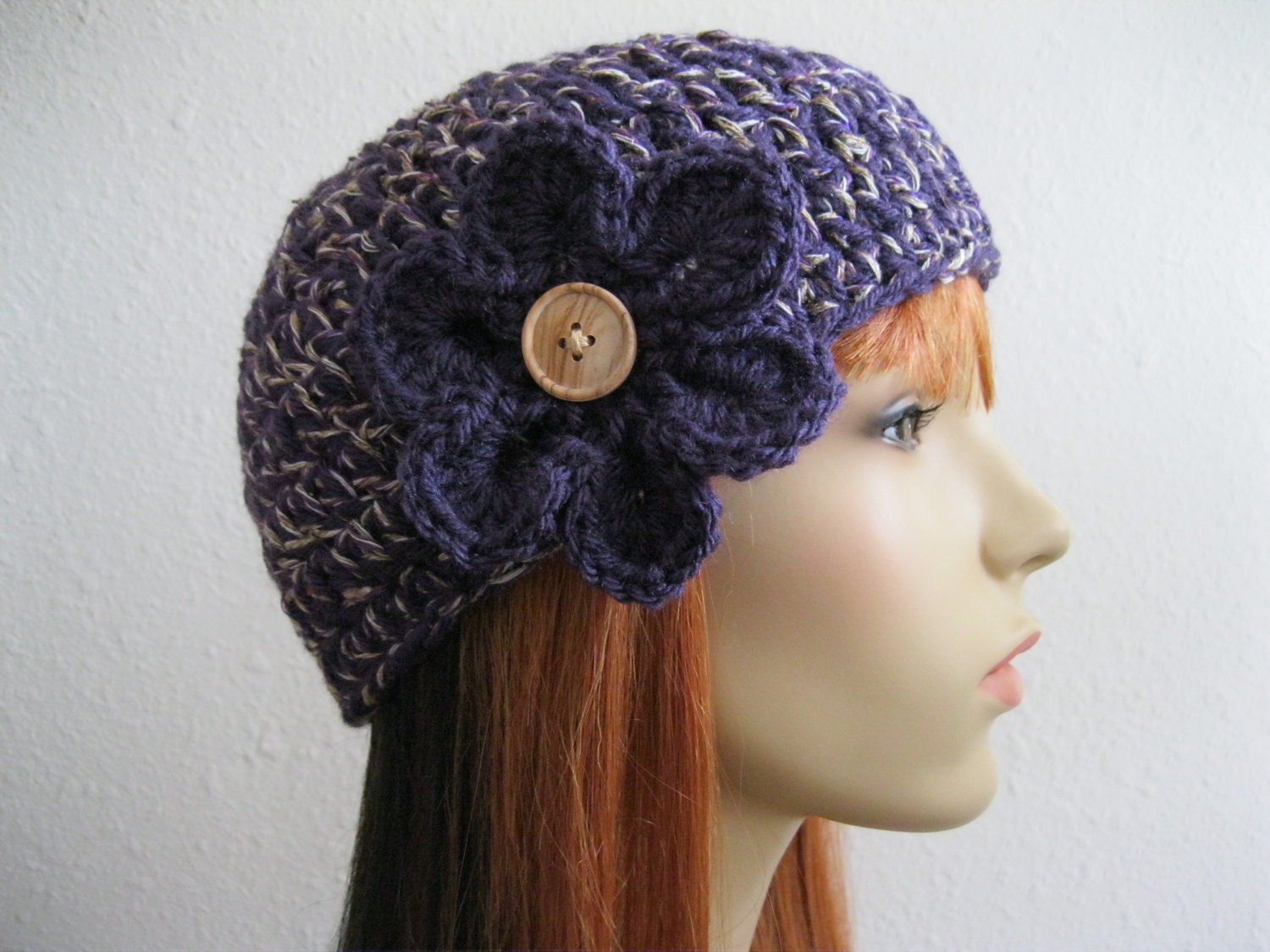 Crocheted Beanie Hat Plum Purple Beanie with Dark Purple Flower - Ready to Ship