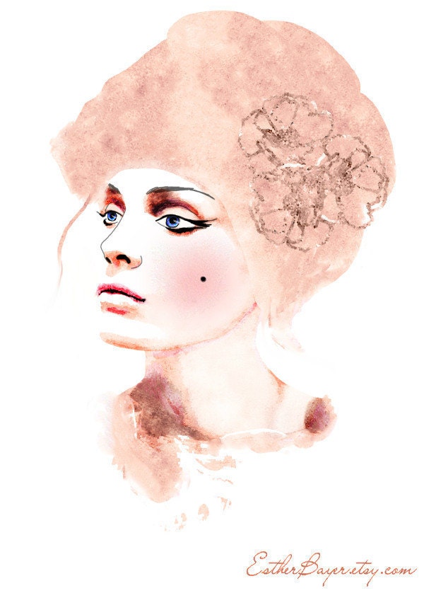 Watercolor Mixed Media Fashion Illustration Print. Soft Rose Pink Hues