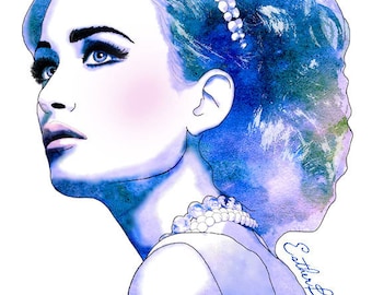 Blue Diamonds  - Watercolor Fashion Illustration Fine Art Print
