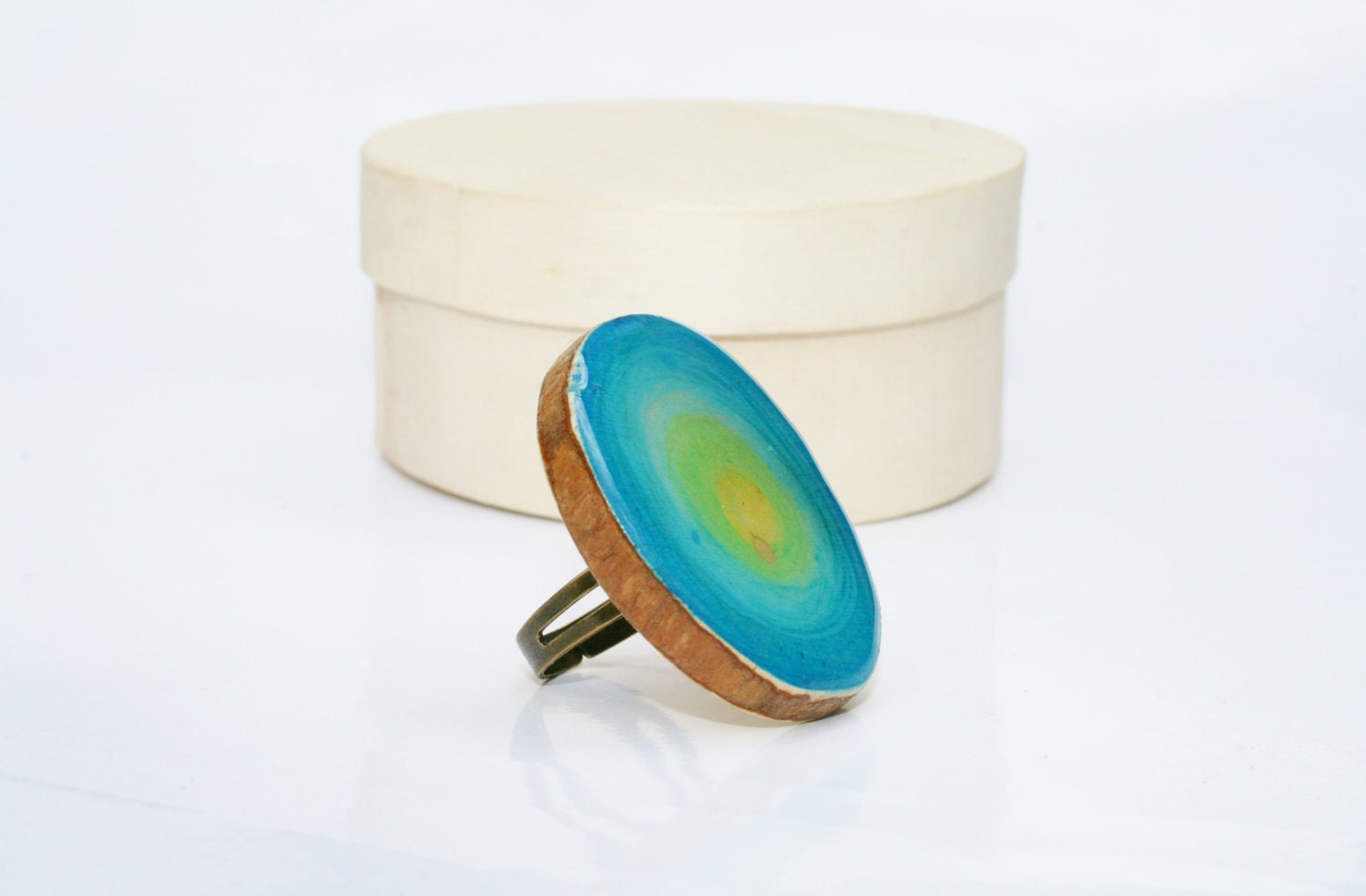 Wood Cocktail Ring Adjustable ring nature inspired jewelry eco friendly Blue watercolor boho statement ring. Summer fashion Starlight Woods