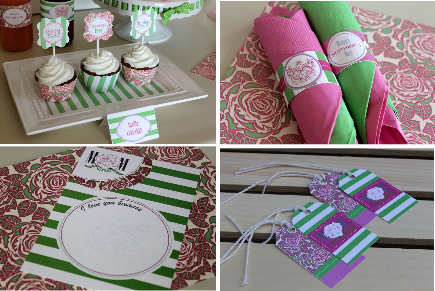 MOTHER'S DAY Printables Package - Mother's Day Party Printables - Mother's Day Card - Pink and Green Printable Package Il_170x135