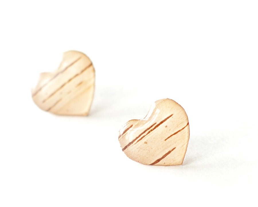 Heart Birch Bark Earrings - woodland beige gift for her - unique jewelry