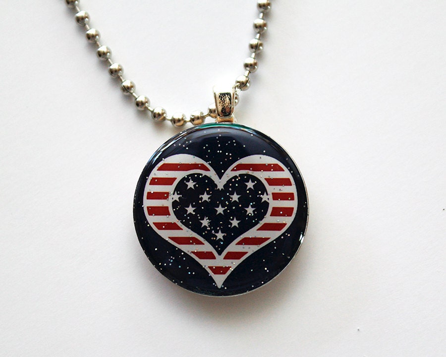 American Valentine Heart Pendant USA Flag Navy Blue Patriotic American Heart Glitter Pendant USA Team Olympics - In Stock
