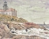 Beavertail Lighthouse green waves, sailboat at sea landscape signed Fine art print, 8.5x11